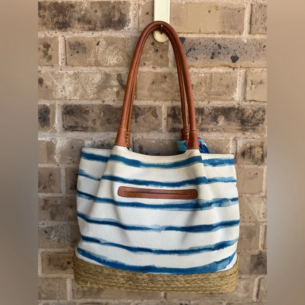 Brighton Espadrille Blue and White Striped Nautical Tote with Tan Handles - Picture 9 of 16